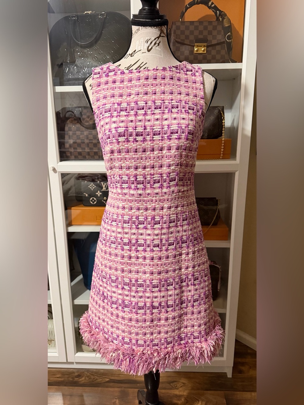 Flora Bea NYC Sleeveless Pink Tweed Mini Dress with Fringe Hem